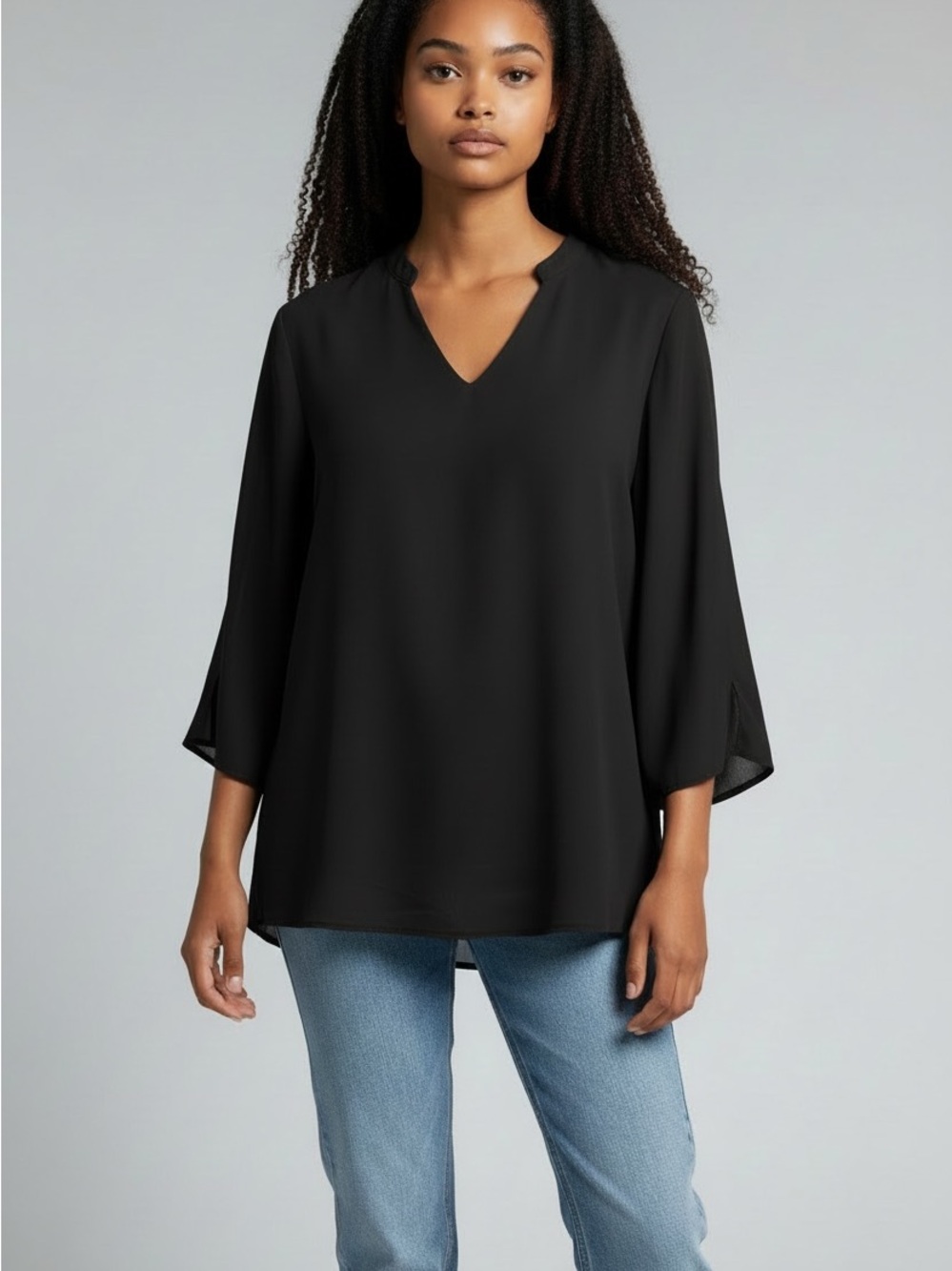 Black V-Neck Bell Sleeve Blouse Women’s XL 3/4 Sleeve Workwear